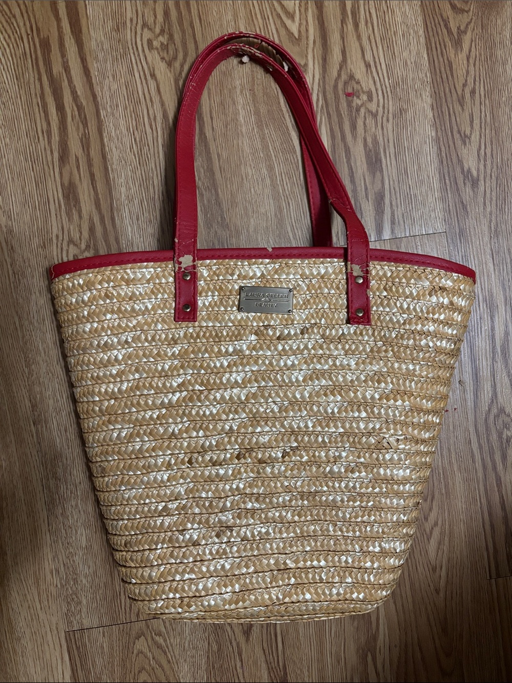 Laura Geller Red-Trim Straw Tote